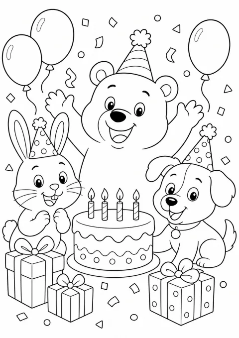케이크와 풍선 앞에서 동물 친구들이 축하하는 장면