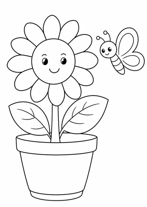 큰 화분의 해바라기와 나비 한 마리가 함께 있는 단순한 장면