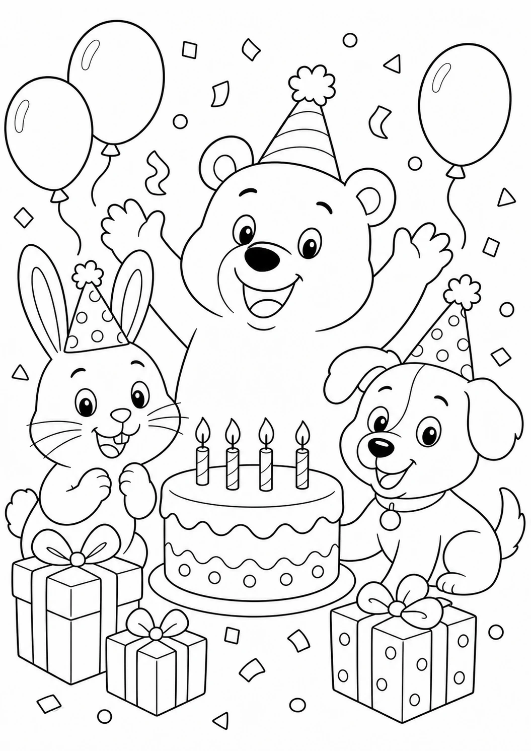 케이크와 풍선 앞에서 동물 친구들이 축하하는 장면 색칠 도안